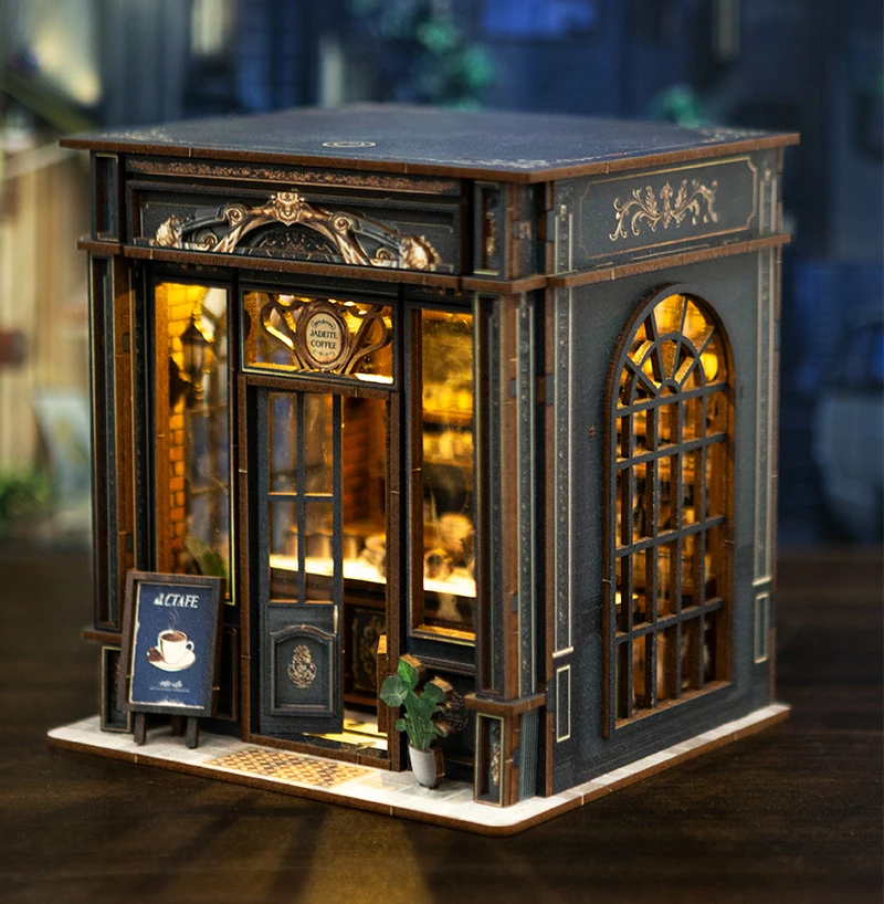 Kits de modelos en miniatura de cafetería de cristal verde de madera DIY con luces LED casa de muñecas con muebles para amigos regalos de cumpleaños