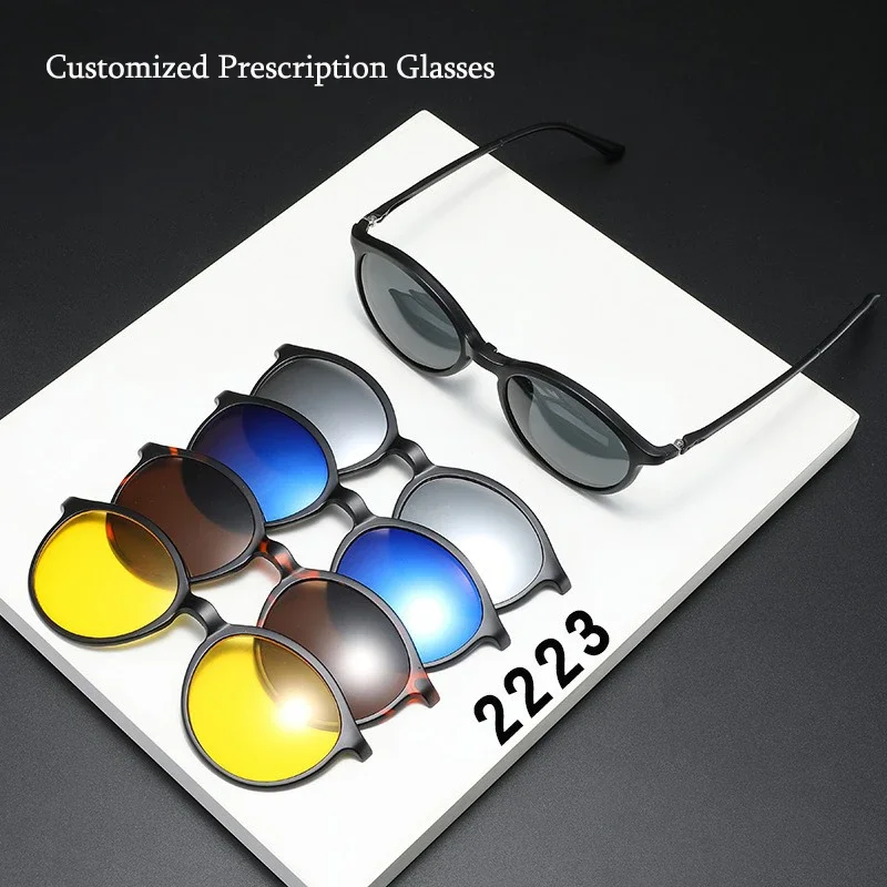 6 In 1 Customize Prescription Glasses Men Women Anti-Blue Light Myopia Hyperopia With 5 PCS Clip On Polarized Sunglasses