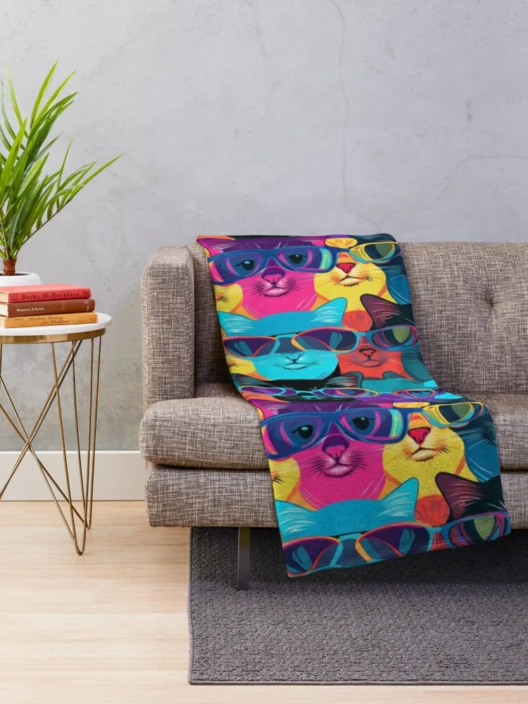 Pop Art Purrfection: Retro Funky Feline Coolness in Vibrant Purples and Electric Blues Throw Blanket Decoratives Blankets