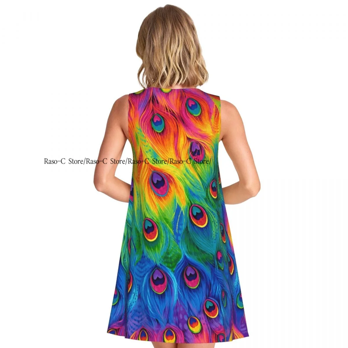 レディースドレスレインボーピーコックサマーカジュアルTシャツビーチカバーアップタンクドレス