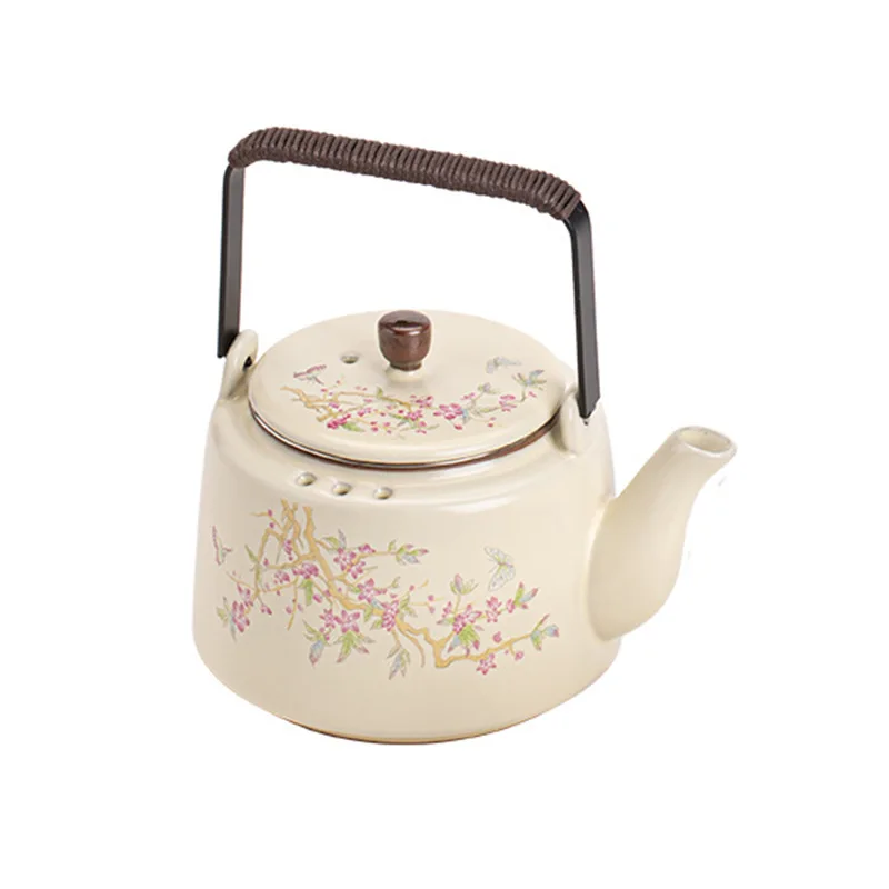 Chinese Purple Vine Flower Beam Teapot, Ru Kiln Ceramic Kung Fu Teapot,Household Large Capacity Tea Maker with Broken Flower Cup