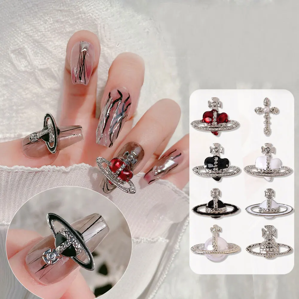 

10pcs Dark Planet Ring Nail Art Charm 3D Alloy Punk Silver Cross Red Diamond Nail Decoration DIY Retro Metal Nail Accessories