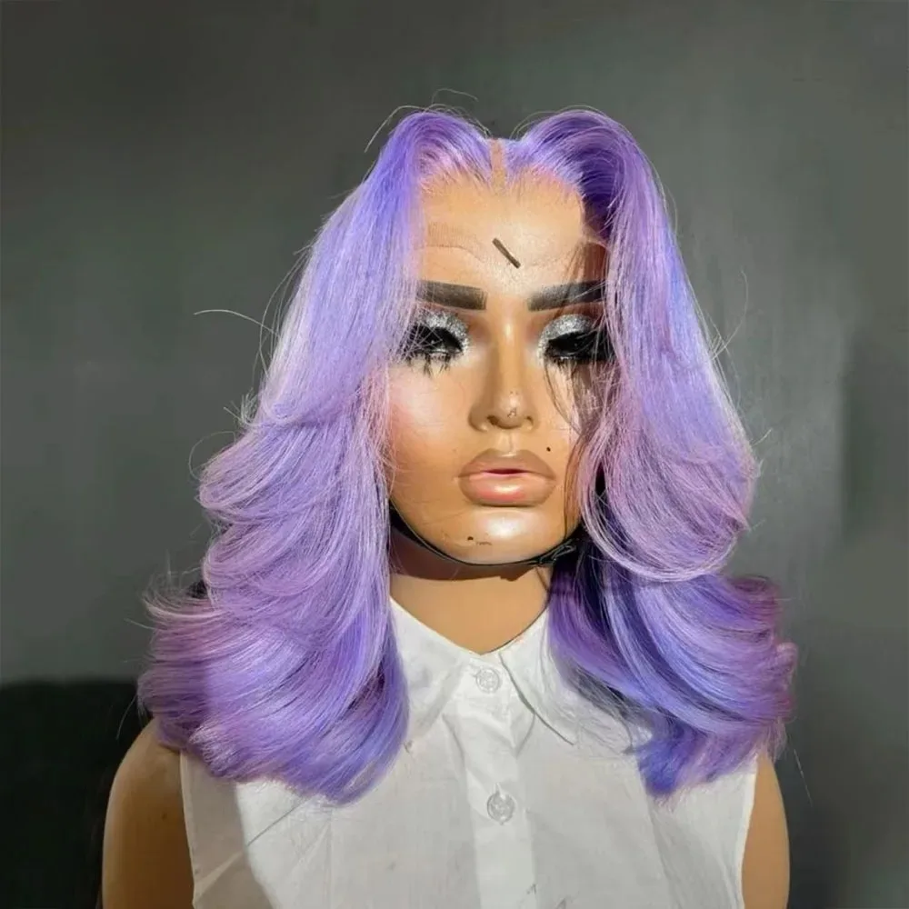 

Светло-фиолетовый парик Боб Объемная волна Кружевные фронтальные парики Короткие парики Боб на шнурке для женщин Предварительно выщипанные синтетические высококачественные повседневные вечерние парики