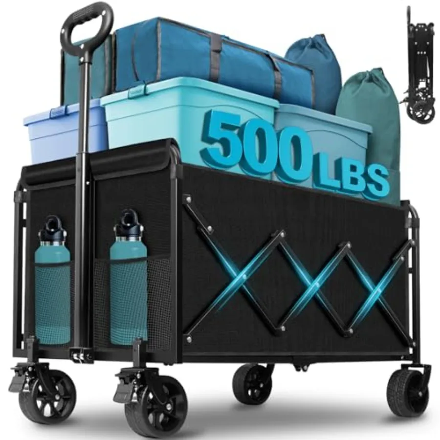 

Foldable Heavy Duty Utility Wagon Cart with Wheels for Grocery Shopping Outdoor Camping Sports Black 500Lbs 500LBS Capacity All