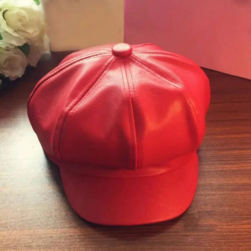 Women Leather Beret with Brim Octagonal Beret Cap Hat Gatsby Peaked Hats Autumn and Winter Street Style