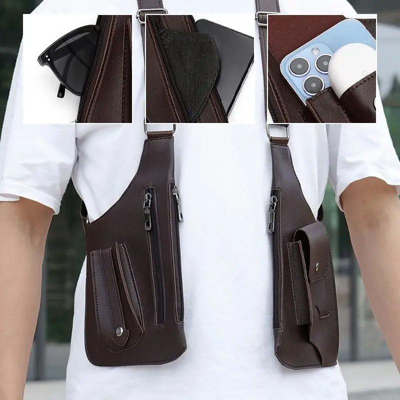 Rétro Double bandoulière multi-poches extérieur antivol sac tactique hommes sac de messager PU étanche sac de téléphone portable 2025