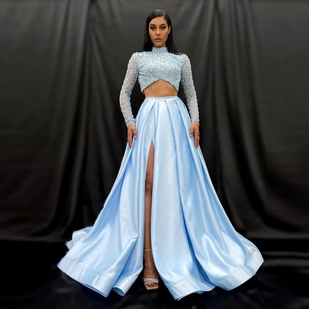 

Pretty Milk Blue Pleated Satin Prom Skirts Women 2023 Hi Slit A-line Draped Court Skirt High-Waisted Long Maxi Skirt faldas muje