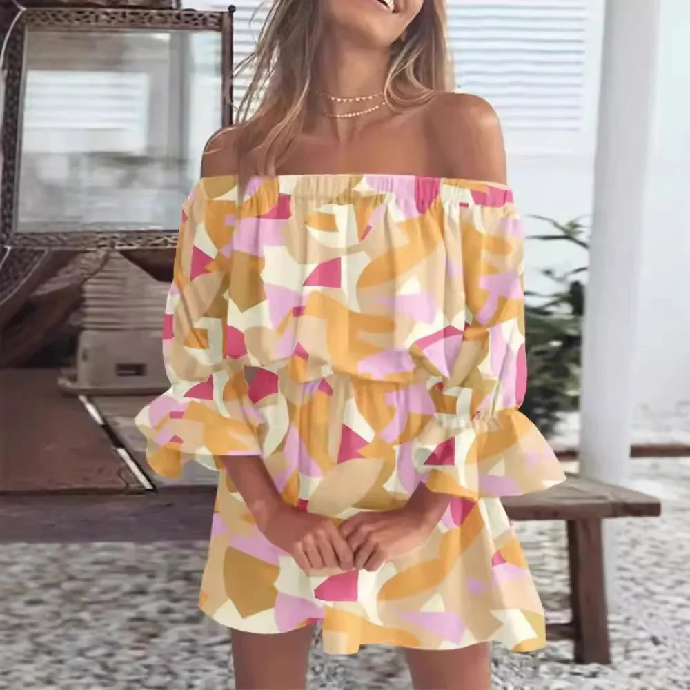Women Off Shoulder Ruffle Flare Sleeve Tropical Leaf Print Midi Dress Elegant Vacation Formal Beach Party Dress