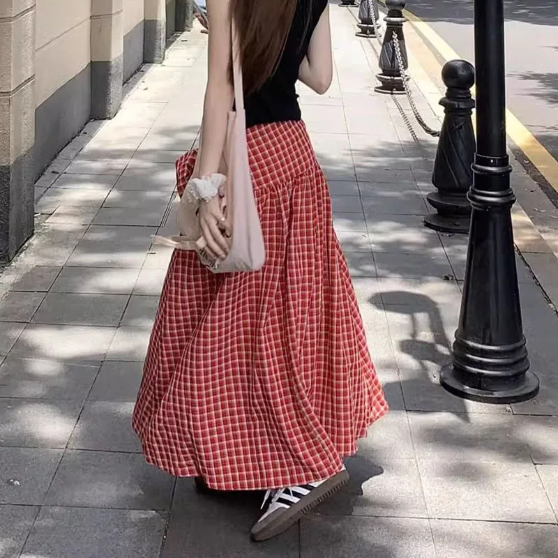 Retro Rot Plaid Print Röcke für Frauen Hohe Taille Bogen Strap Röcke Mode Sommer frauen Kleidung Weibliche Lange Röcke Streetwear