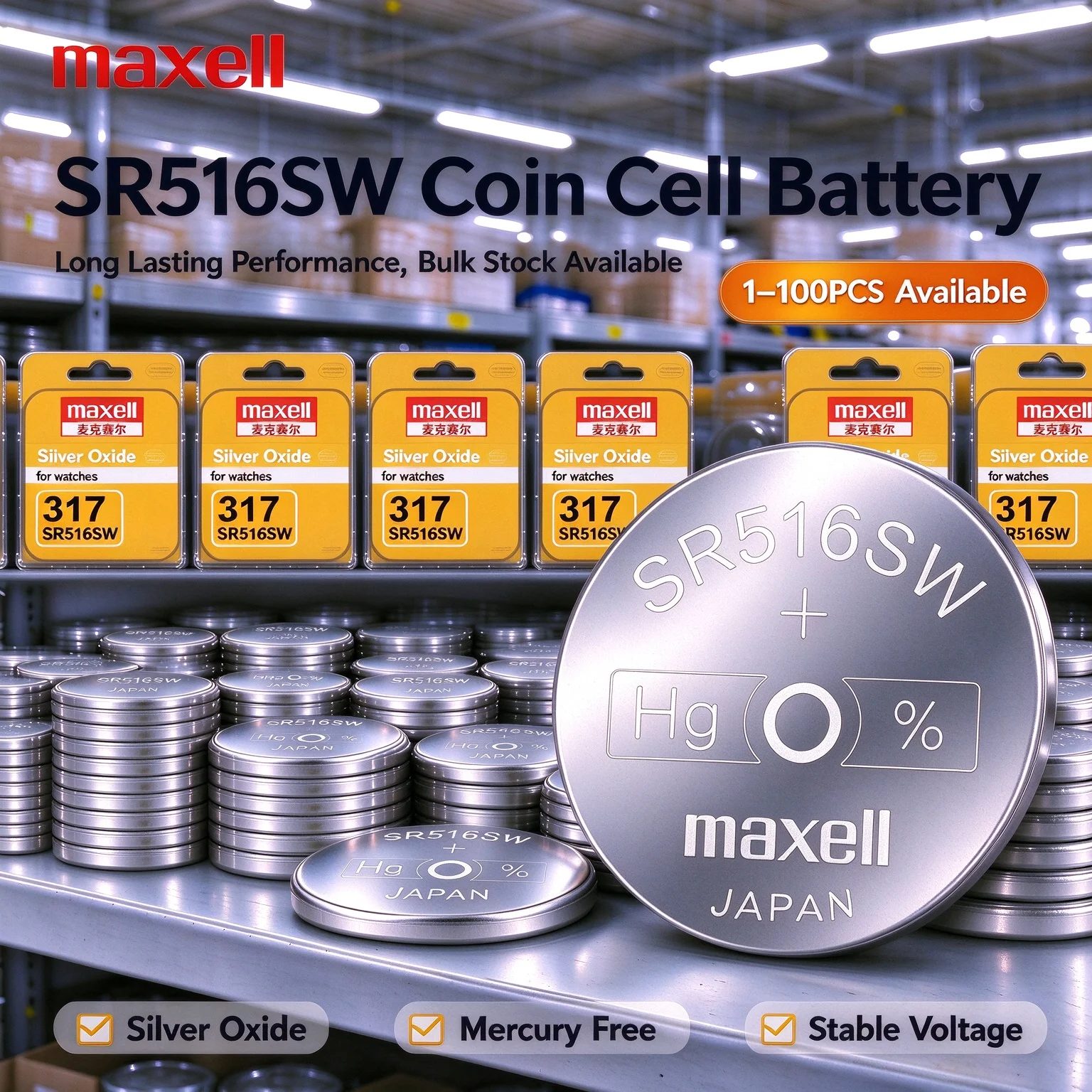 10-100PCS Maxell SR516SW 317 Silver Oxide Button Cell High Performance Non-Rechargeable Battery For Watches Toys Electronics