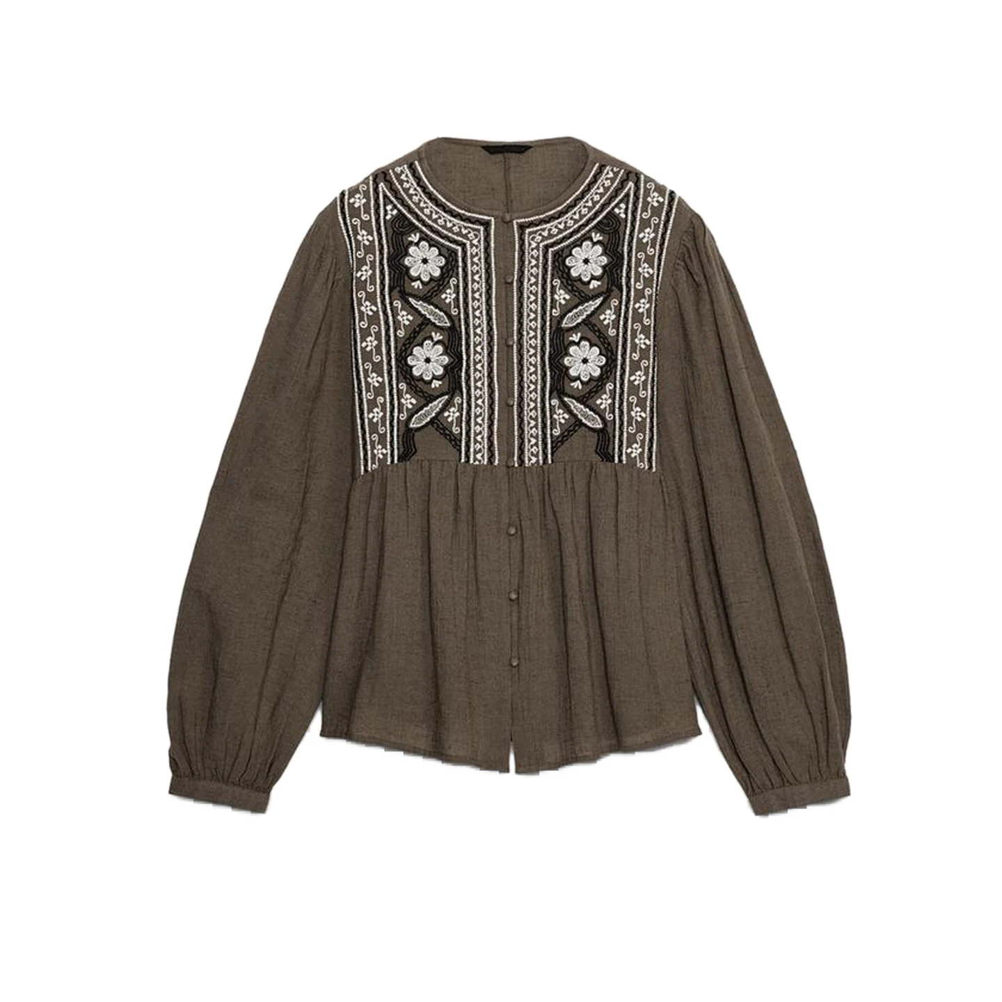 Neue Herbst Damen runde Ne Long Sve bestickt Farbe Blo irt Top Französisch Sle Loose Fit Polyester atmungsaktiv