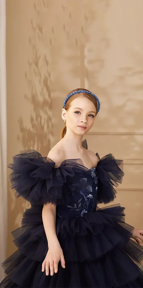 Geschichtetes Blumen mädchen kleid für Hochzeits tüll applikation von der Schulter elegante Prinzessin Kinder geburtstags feier Erstkommunion Ballkleid