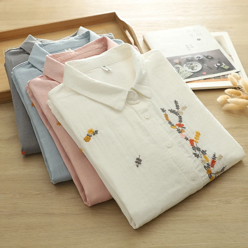 

Spring Autumn Chinese-style Embroidered Cotton Yarn Blouse Tops Women Clothing New Long Sleeved Versatile Shirts & Blouses U107