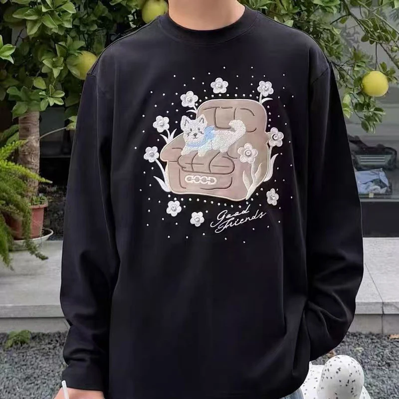 

Goodbrand Long Sleeve T-shirt American High Street Loose Casual Fashion Hot Drill Puppy Towel Embroidery Tops Tees Unisex
