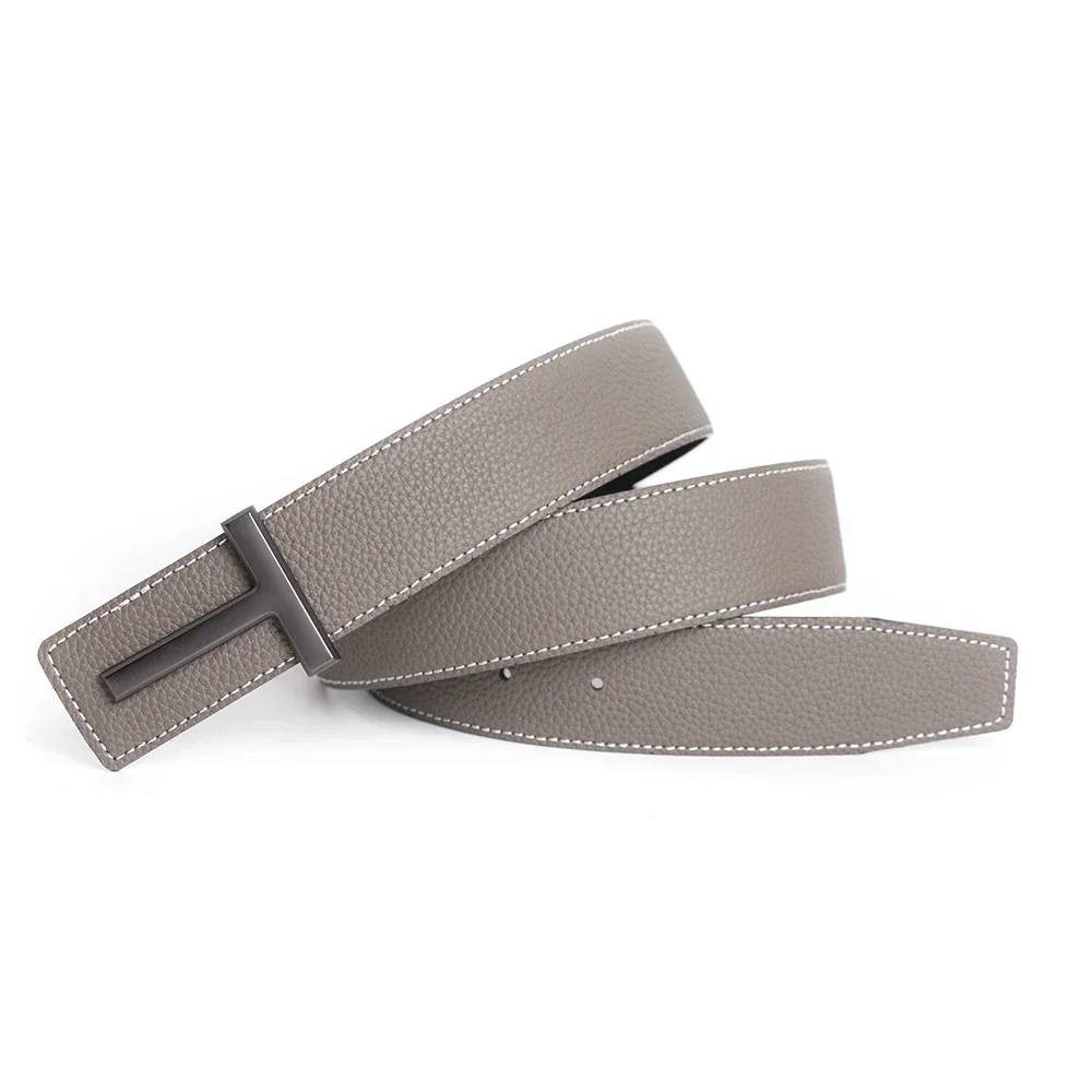 Top Grey Luxury Brand Designer T Buckle Belt Men High Quality Women Genuine Real Leather Dress Strap for Jeans Waistband