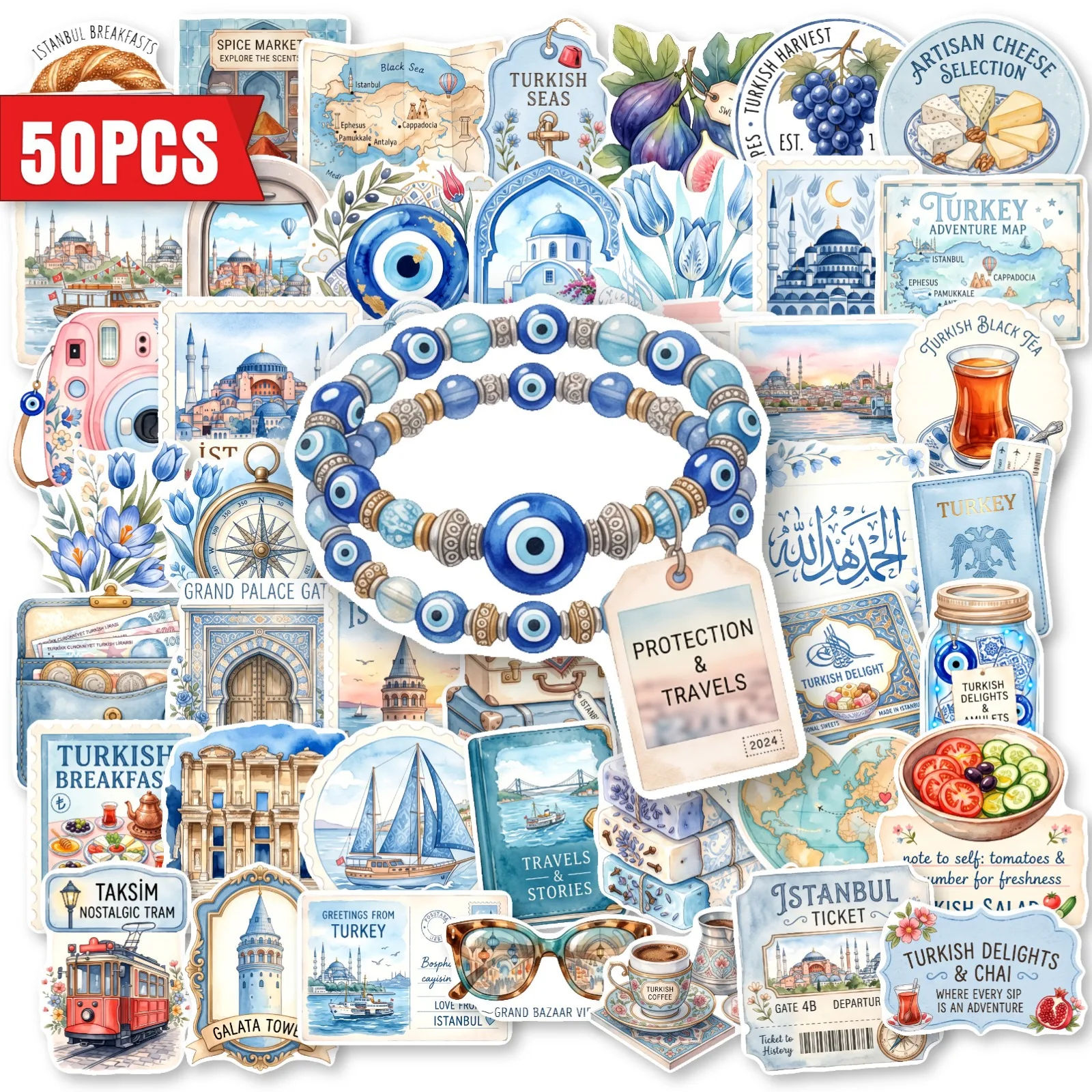 50 PCS Turkey Travel Theme Blue Eye Landmark Food Watercolor Stickers Decorate Hand Account Luggage Bike Helmet Removable Decals