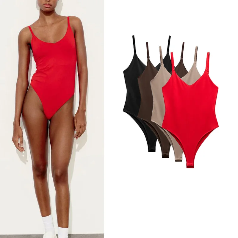 

Spring New Sexy Thin Strap Pure Color Base Nylon One-Piece Suit Vest High Waist ort Pant Commute Sle Thin Polyester