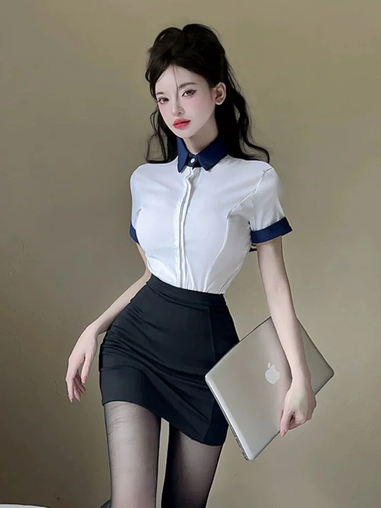 

OL Cosplay Sexy Two Pieces Slim White Top Shirt & Short Bodycon Skirt Set Summer New Women's Contrasting Color Splicing Clothing