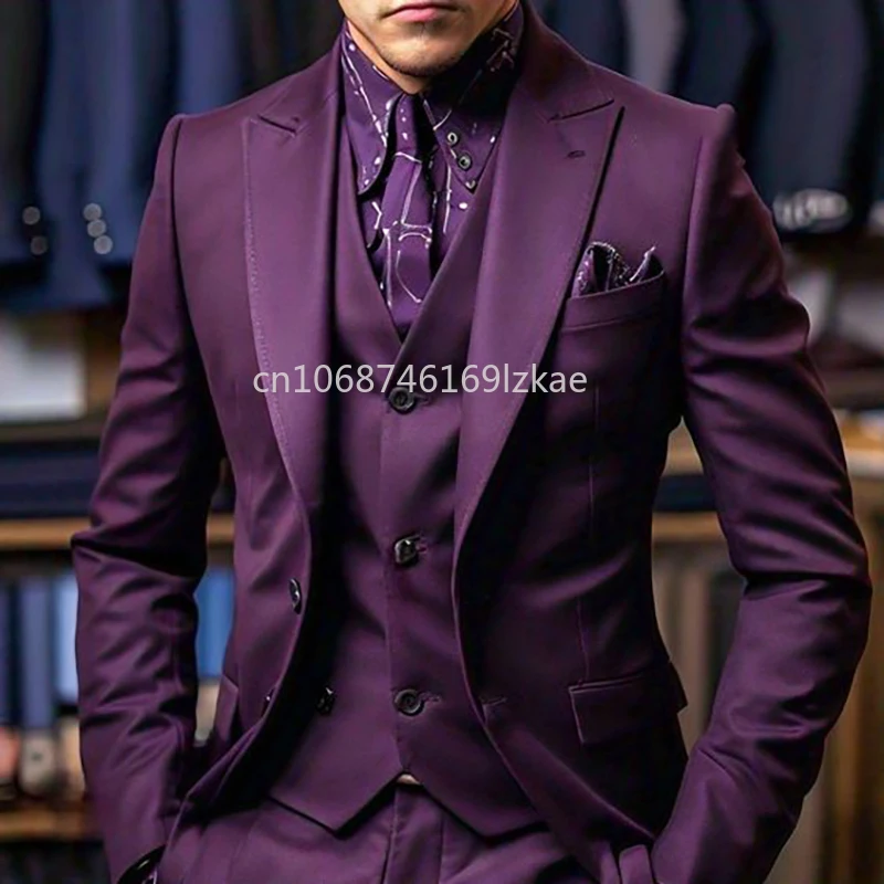 

Formal Purple Men Suits 3 Piece Jacket Pants Vest Slim Fit Full Sets High Quality Wedding Groomsmen Male Clothing Terno Blazer