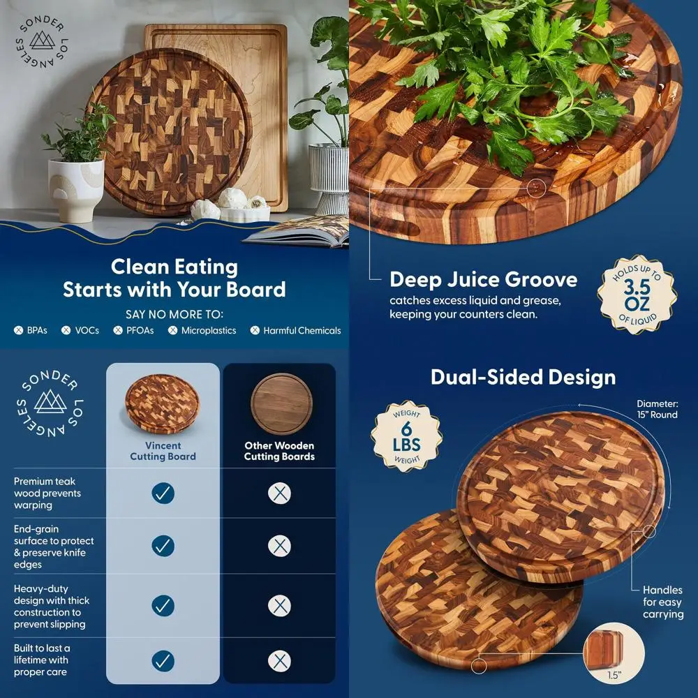 

15 Round 1.5 Thick End Grain Teak Wood Cutting Board with Juice Groove, Built-in Handles, Charcuterie Serving Board, Gift Box In
