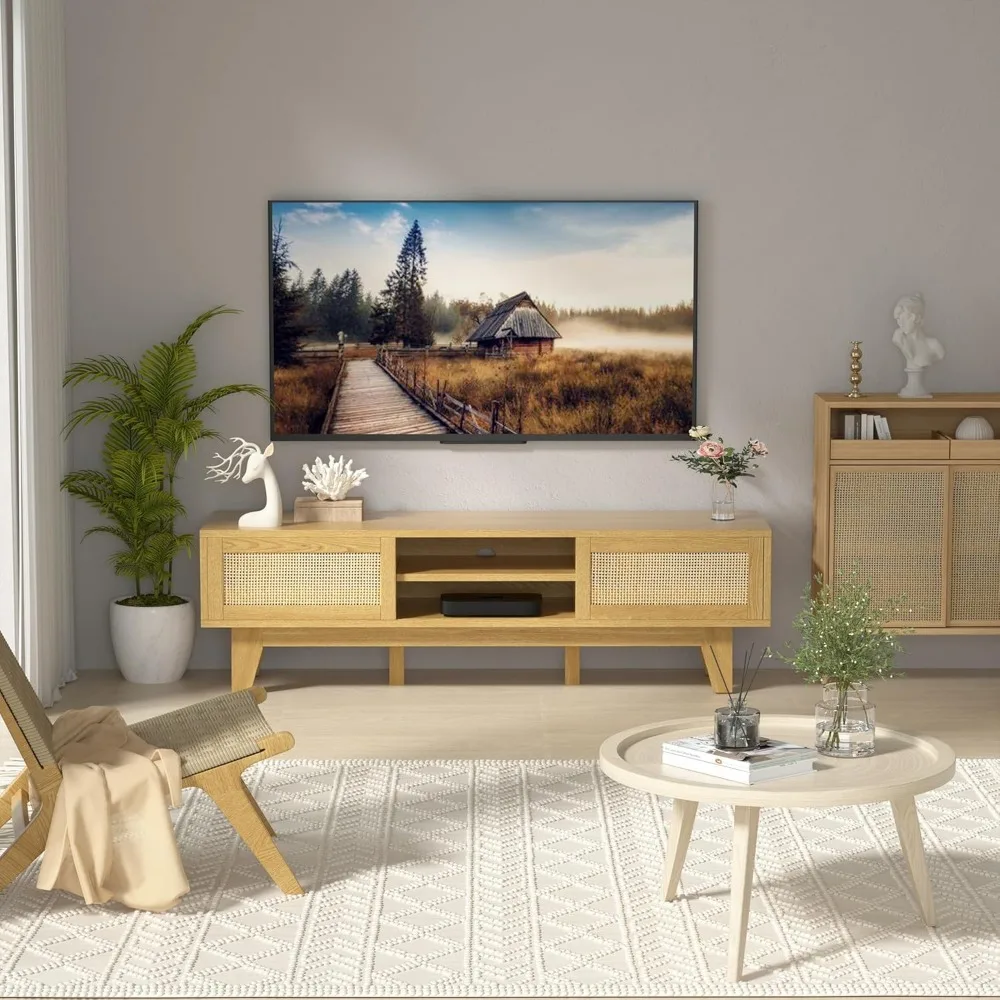 Rattan TV Stand , Boho Entertainment Center with Two Cabinets and Sliding Doors, Rattan Console for Living Room, Bedroom