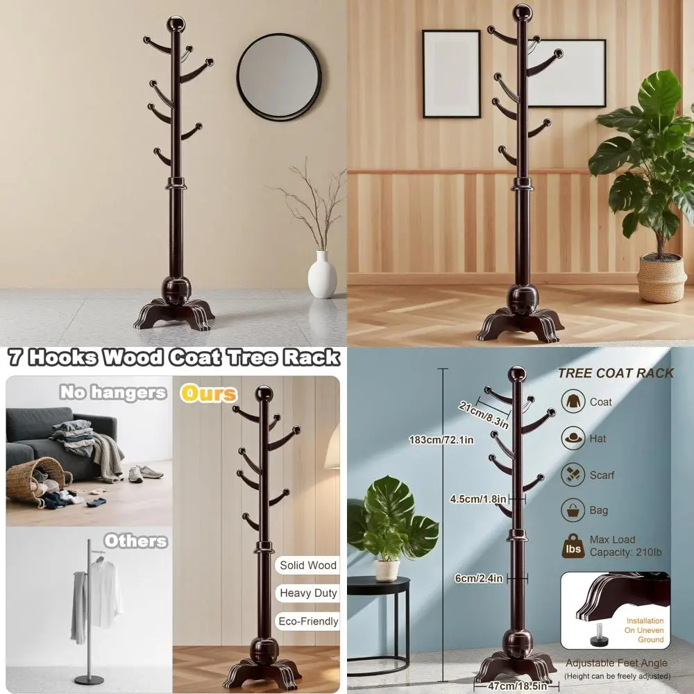 

Wooden Freestanding Hall Tree Rack with 7 Hooks, Stable Sphere Base, and 210 lb Load Capacity