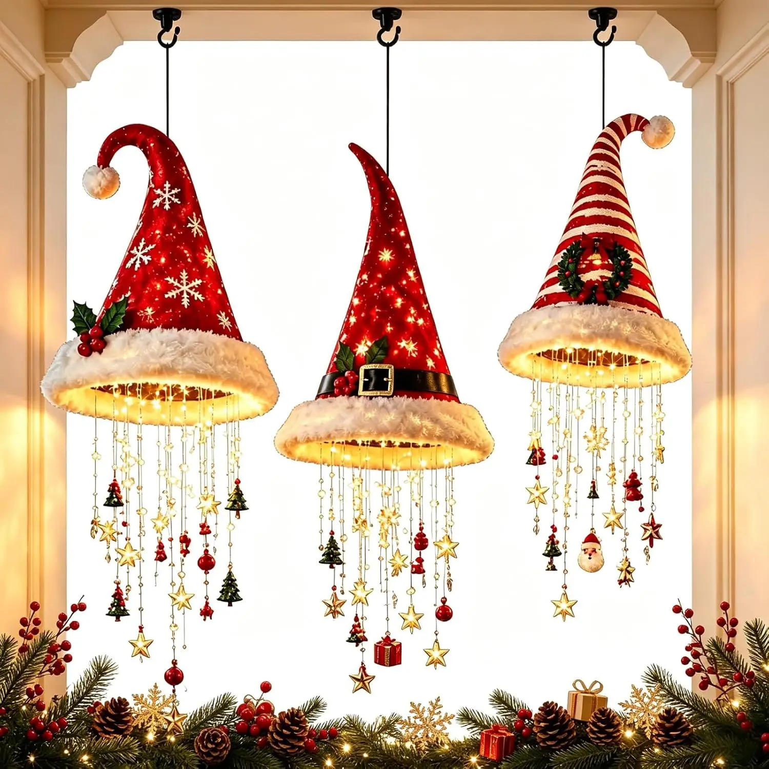 Neue beleuchtete Weihnachtsmann-Mütze, hängender Kronleuchter, 2 Stück, warme LED-Weihnachts-Lichterkette mit festlichen Ornamenten, Weihnachtsbeleuchtung, Dekoration, Geschenke – Detail 2