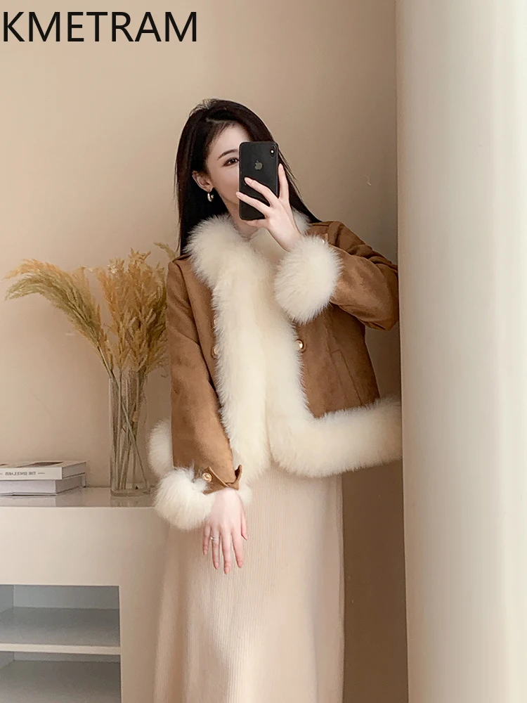 KMETRAM 100% 천연 여우털 칼라 프로모션 가격 여성용 모피 코트 - 쇼트 따뜻한 겨울 코트 코트 스타일 2025 모피