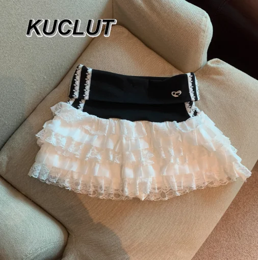 College-Stil, hohe Taille, Spitze, schmaler kurzer Rock, Damen, Faldas, 2025, neuer Sommer, hohe Taille, Spitze, Nähte, Minirock, Lolita, Mädchen