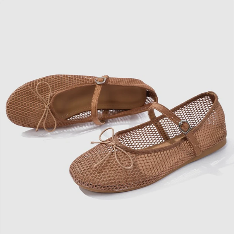 Mesh Fashion Women Ballet Flats Bowknot Breathable Round Toe Casual Walk Shoes Buckle Light Comfort Hollow Fishnet Women Sandals