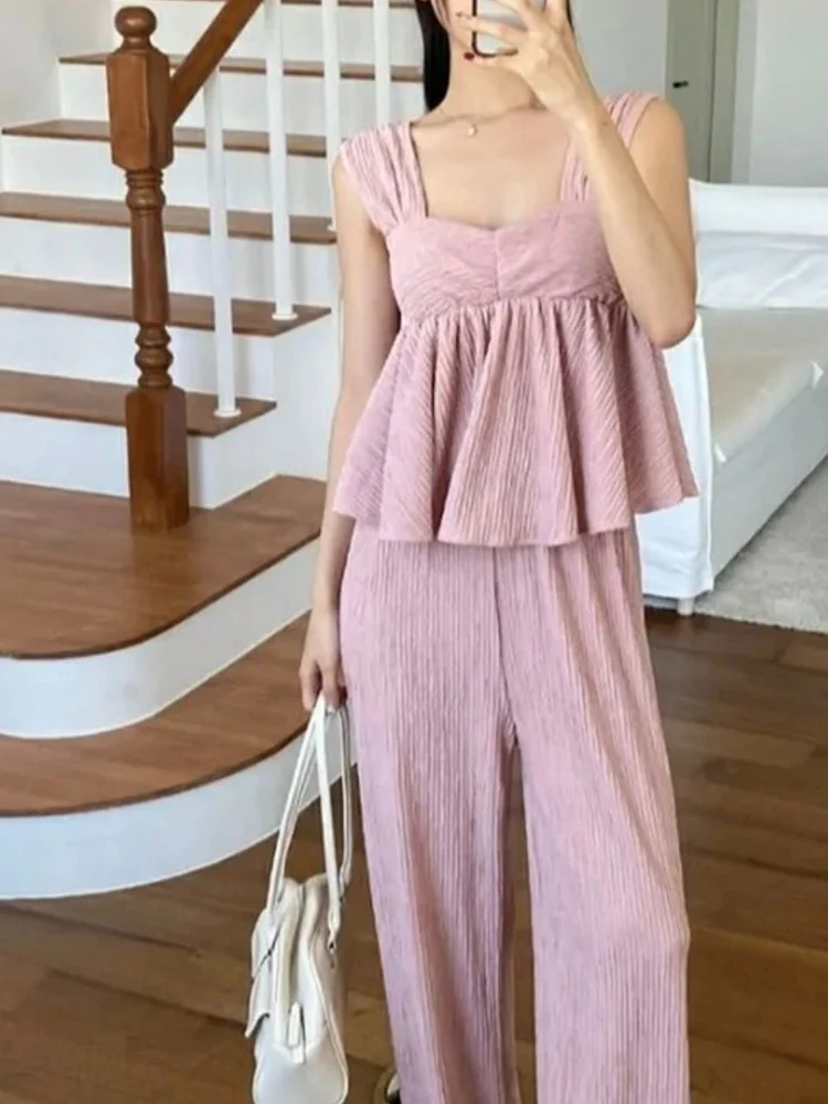 

Sweet Lace Trimmed Doll Sle Top And High Waist Wide Leg Pants Women's Set Summer Faion Casual Comfortable Slimming Outfit