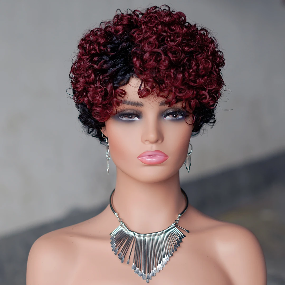 6inch Short Curly Wigs T1B/99J None Lace Front Human Hair Wigs with Bangs 180% Density Machine Made Pixie Cut Curly Wave Wig