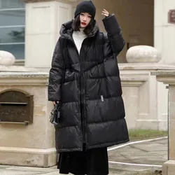 2024 New Winter Women Oversize Long Puffer Coat Female Thick Warm White Duck Down Jacket Hooded Loose Parkas Outwear Pockets