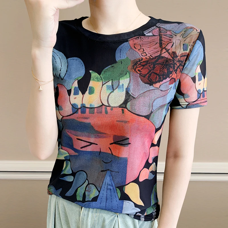 

2025,New,Summer,European,Clothes,T-Shirt,Chic,Sexy,O-Neck,Print,Geometric,Women,Tops,Short Sleeve,Mesh,Bottoming Shirt,Tees,5602