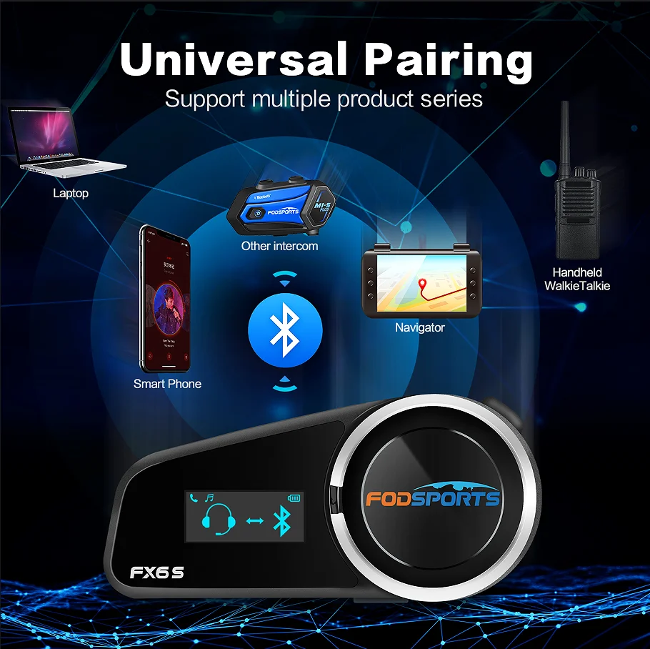 Fodsports FX6S Motorcycle Helmet Intercom Wireless Bluetooth Helmet Headset 1000m 6 Riders Interphone,FM Radio,OLED Screen.