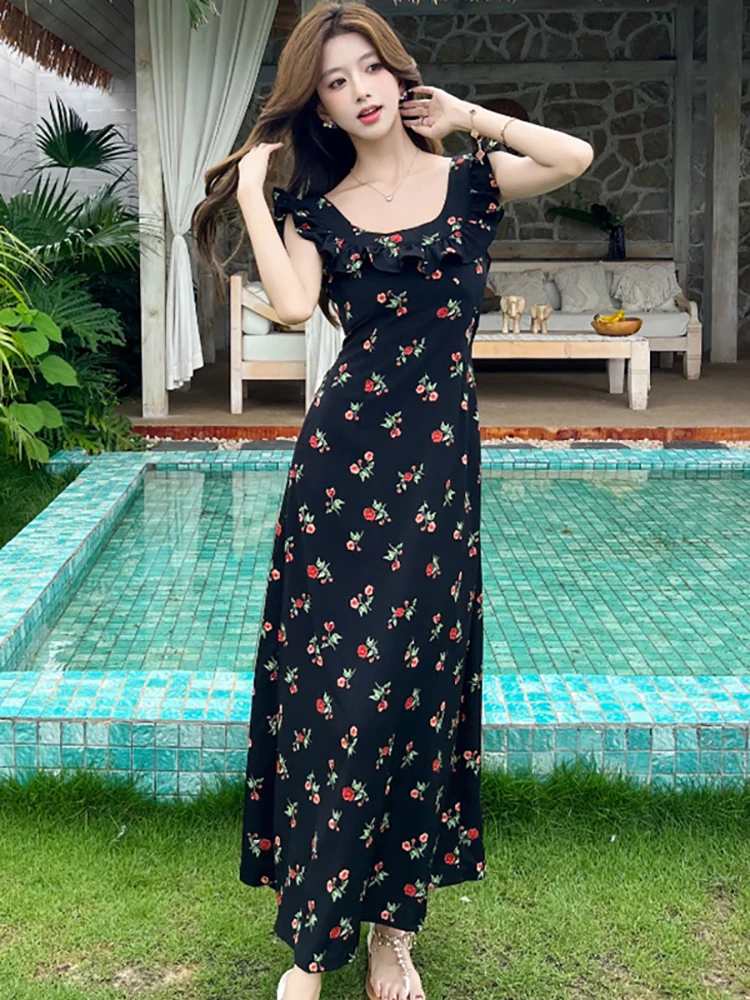 Zomer Zwarte Bloemen Chic Ruches Sling Lange Jurk Vrouwen Koreaanse Vintage Hepburn Jurk 2025, Elegante Bodycon Luxe Avondjurken