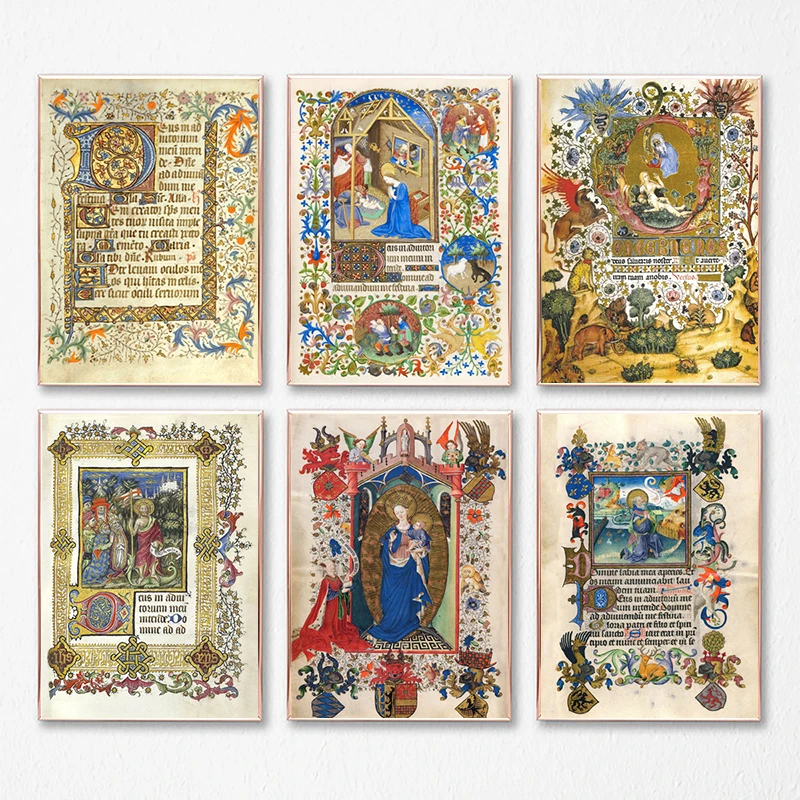 Ilustraciones coloridas de manuscritos iluminados Vintage, impresiones artísticas en lienzo, manuscritos medievales, galería, imágenes de pared, decoración