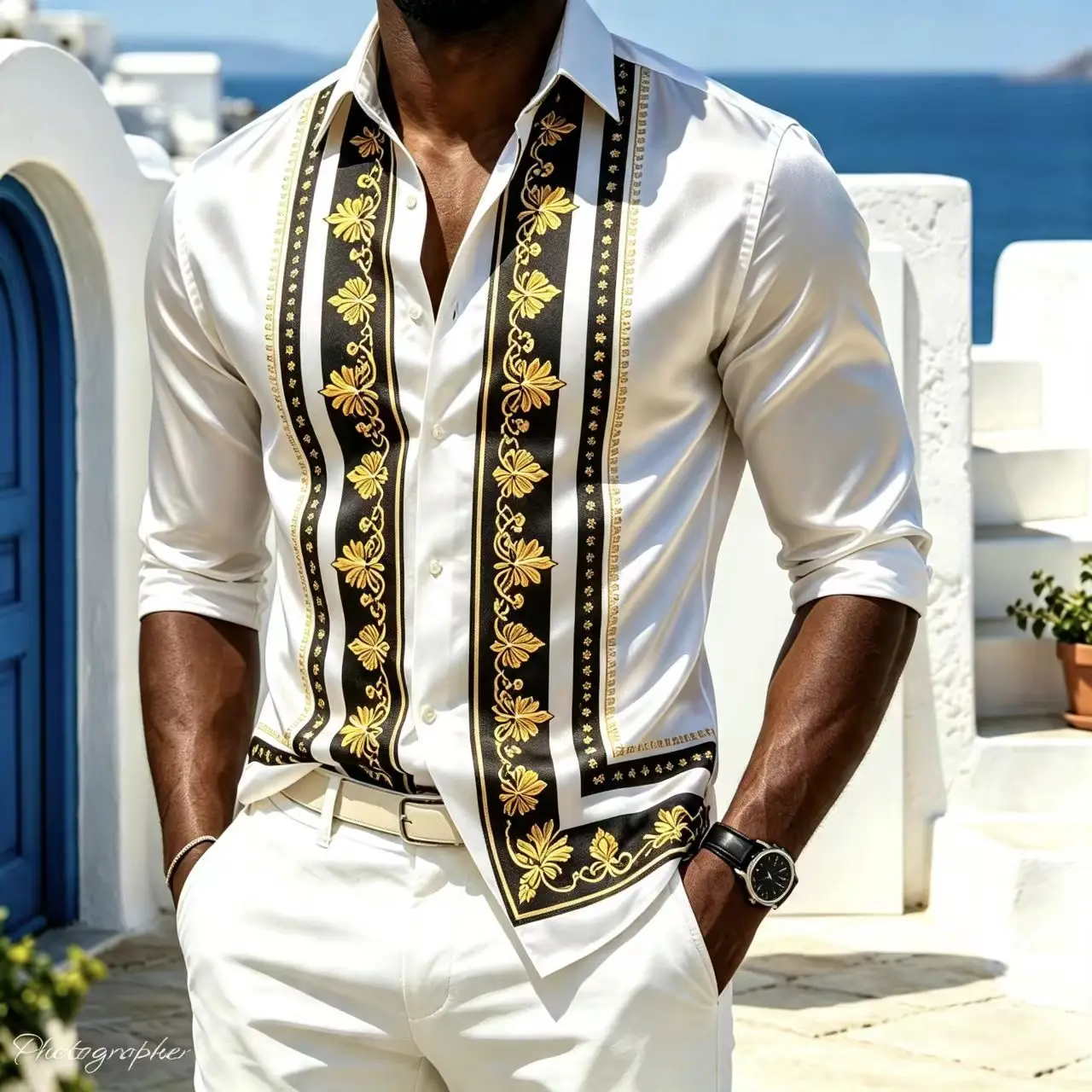 Men's Satin Silk Shirt Black Gold Baroque Printed Long-Sleeved Button down Slim Fit Casual Fashion Party Beach Shirt