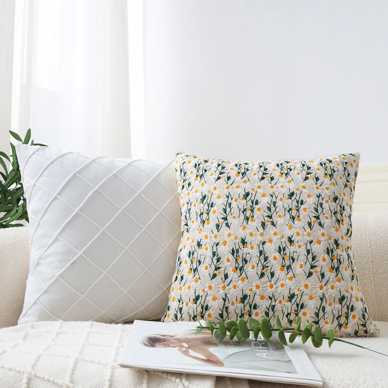 Embroidered Pillow Cover Farmhouse Decorative Cushions Sofa Fresh 45x45 Cushions Cover Daisy Pattern Pillow Case Room Decor
