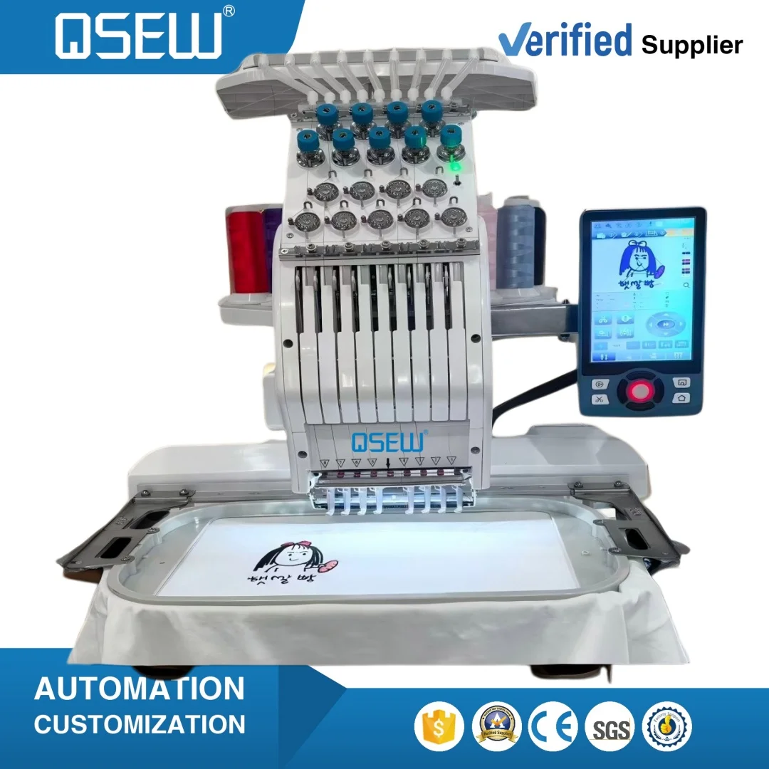 QS-0801 Single Head 8 Needles Flat Embroidery Machine Computer for T Shirt logo Label Cap Embroidery Machine Mini Head Only
