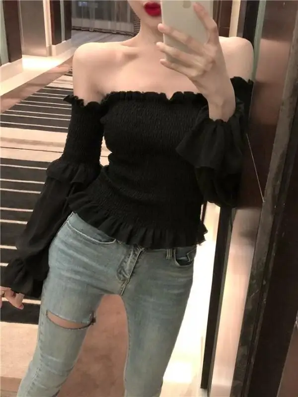 بلوزة نسائية أنيقة بأسلوب أوروبي لفصل الربيع، تصميم كوري بأكمام منتفخة وكتف واحد، قميص شيفون طويل الأكمام ضيق