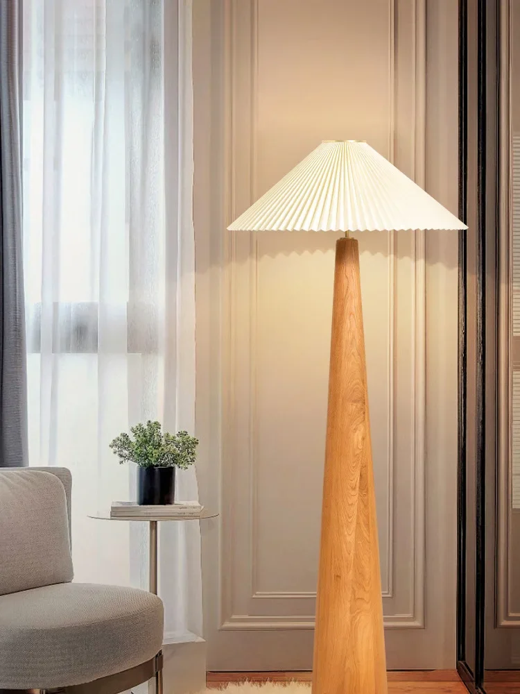 room living room bedroom bedside lamp log wind study creative pleated vertical lamp Solid wood floor lamp Japanese retro tea