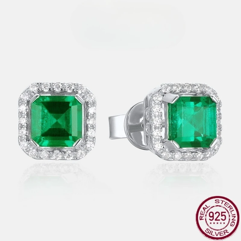 

New S925 sterling silver square emerald fashionable and simple emerald earrings wedding jewelry
