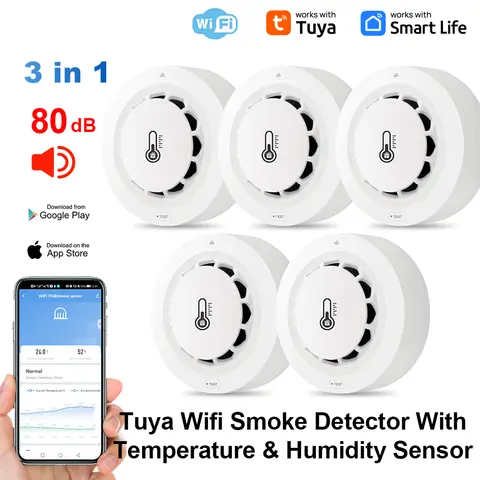 Tuya Wifi BT 2 연결 연기 감지기 온도 습도 측정 장치 80dB 사운드 알람 원격 푸시 경고 기능