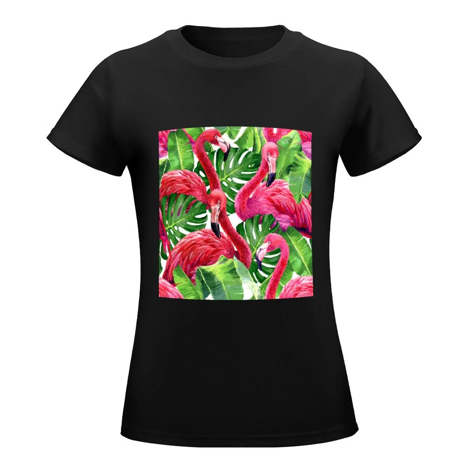 hot pink flamingoes tropical forest leaves T-Shirt summer tops anime clothes tees white t-shirt dress for Women sexy