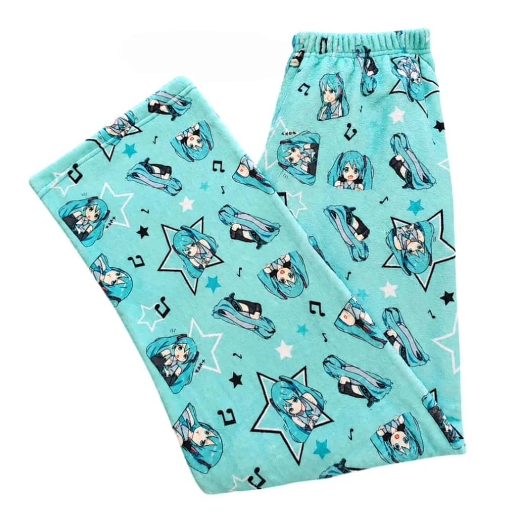 Autumn and Winter Hatsune Miku Hatsune Miku Flannel Pajamas Cartoon Animation Printing Loose Waist Wide Leg Home Casual Pants