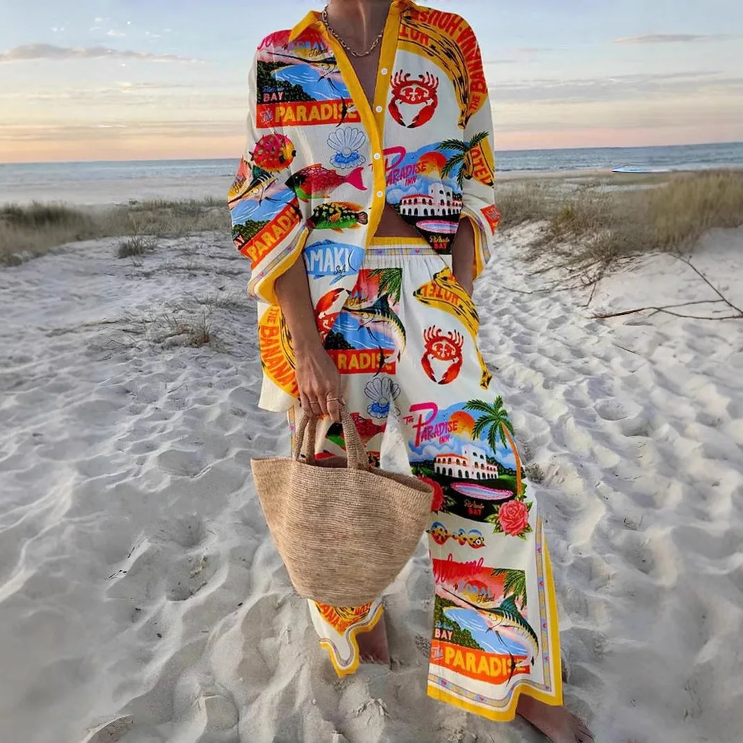 

Fashion Printed Holiday Set Women's Long Sleeve Shirt and Wide Legs Trousers Summer Casual Loose Beach Two-Piece Set New 2025