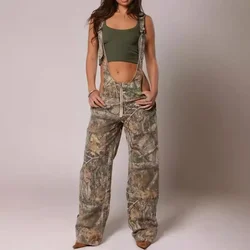 Forest Camouflage Print Cargo Jumpsuit Women Fashion Adjustable Straps Zipper Loose Wide Leg Pants One Piece Overalls Streetwear