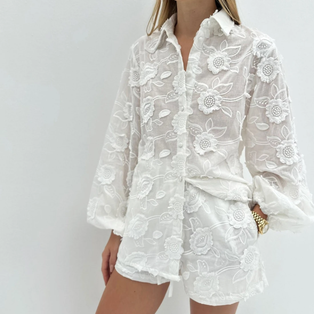 Summer White Cotton 2 Piece Sets Women Outfit Casual Jacquard Button Wrist Sleeve Shirts And High Waist Shorts Female Set