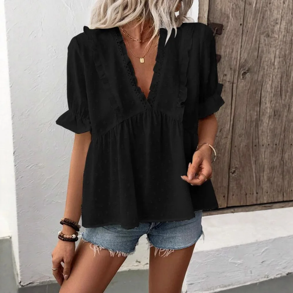 Blusa blanca holgada informal de verano para mujer, Tops y camisas de encaje de media manga con volantes y cuello en V a la moda, blusas elegantes para mujer 2025